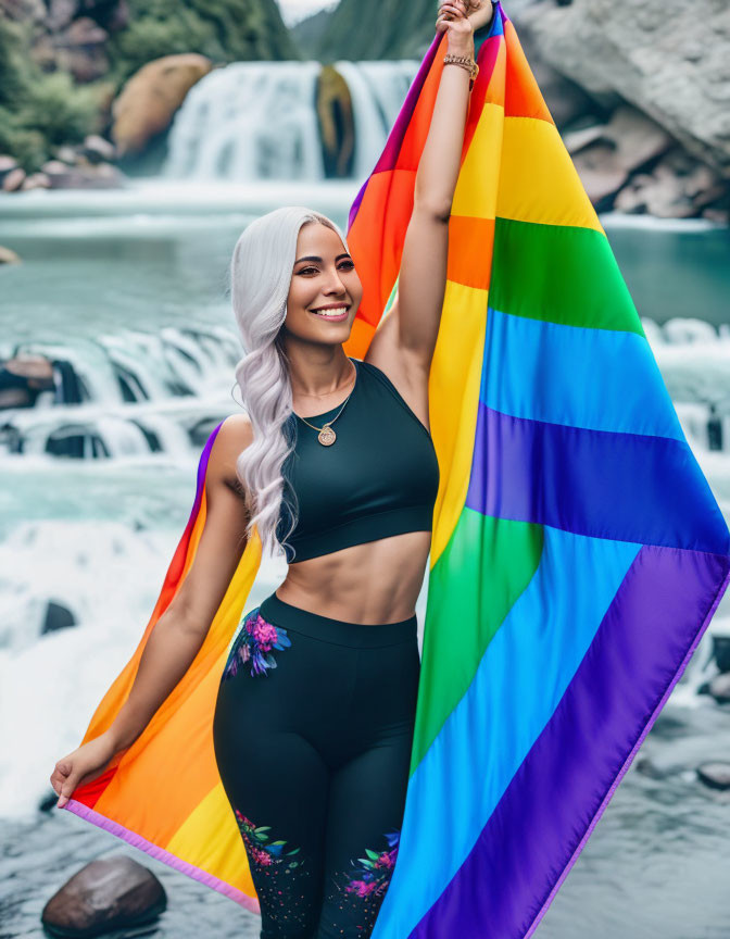 Smiling person with white hair holding rainbow flag near waterfall