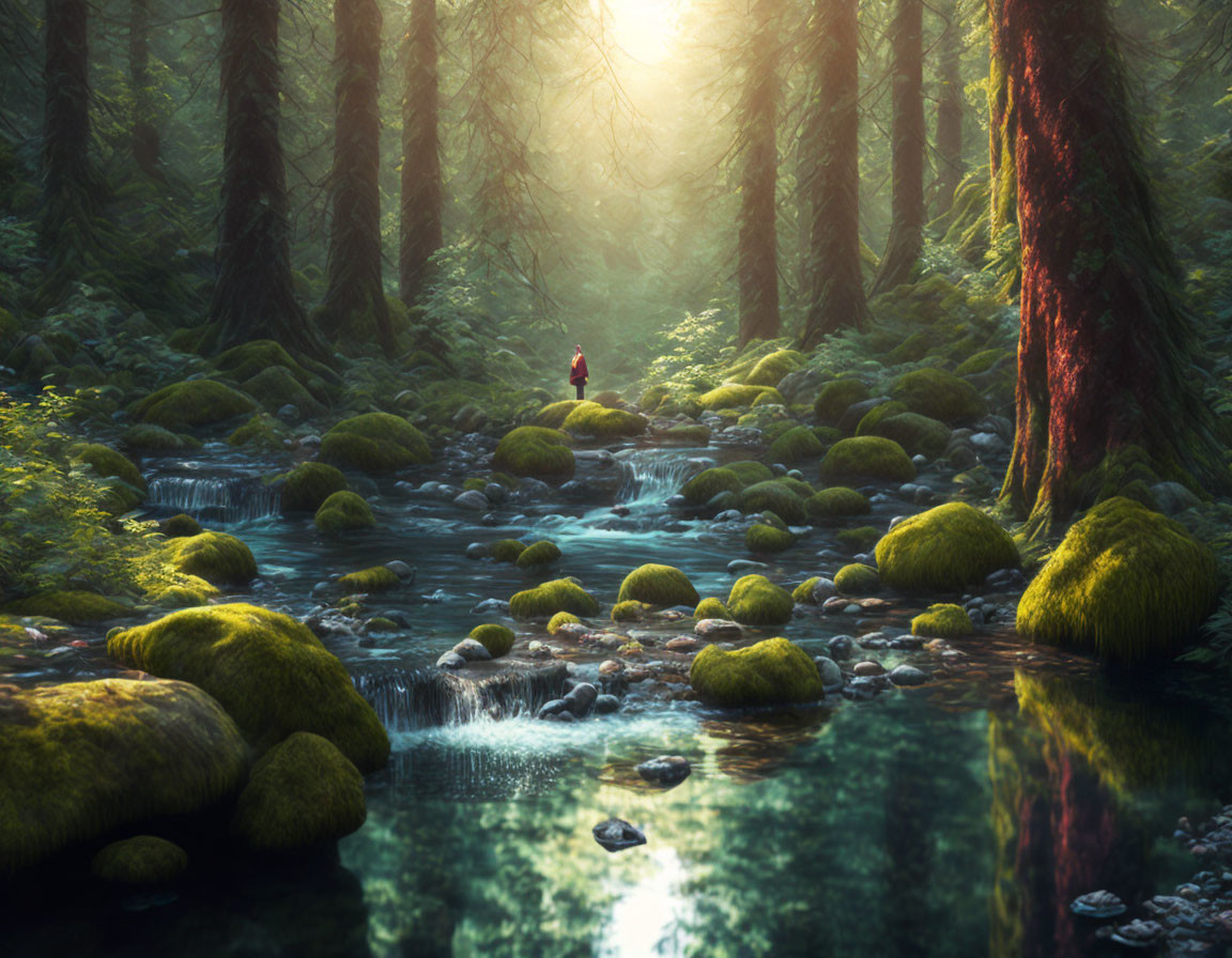 Person in red in serene forest with stream under sunlight beams