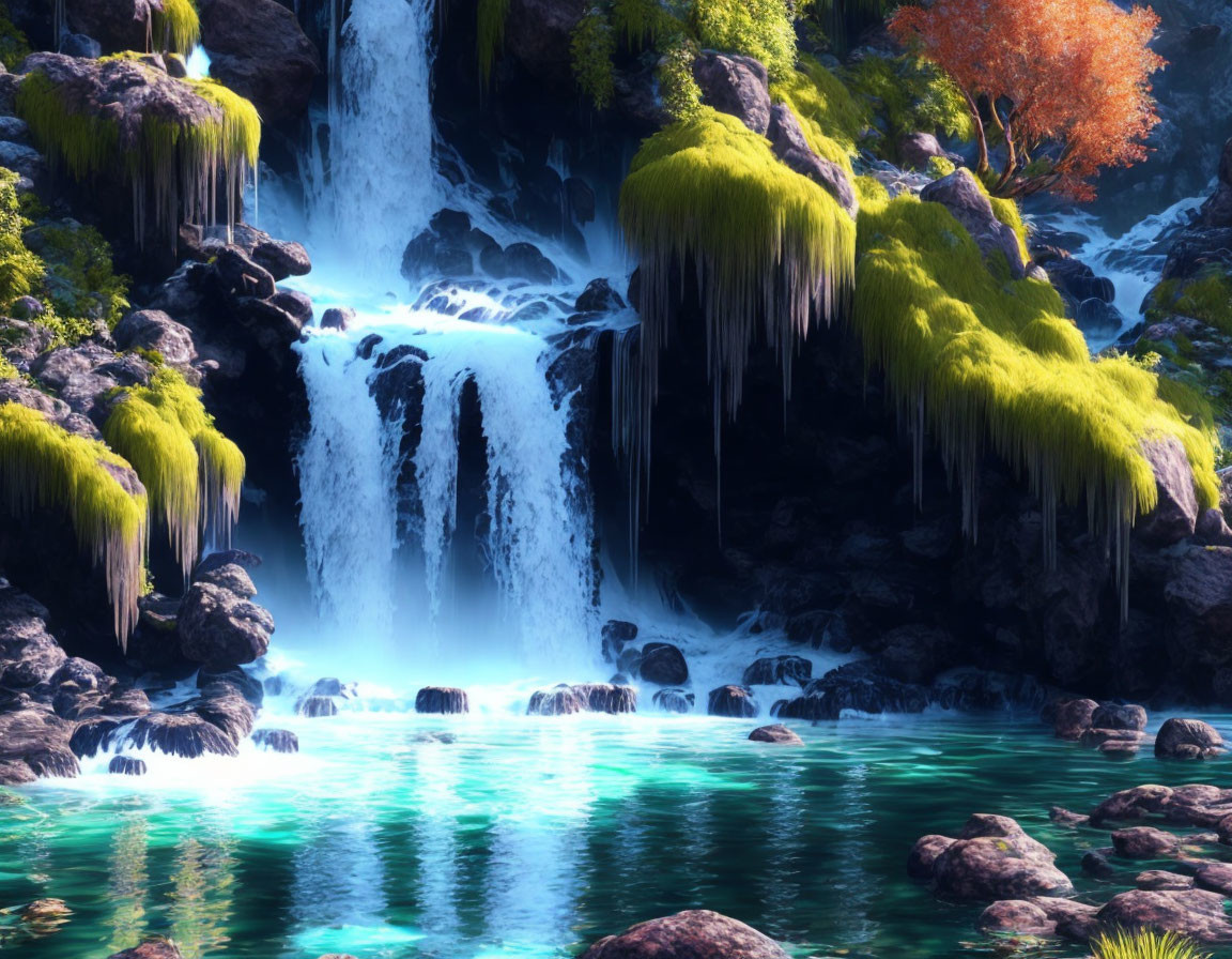 Verdant moss waterfall oasis with turquoise pool and orange tree in dark rocks.