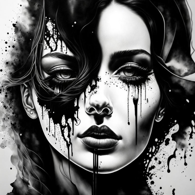 Monochrome portrait of a woman with dripping paint, blending abstraction and realism