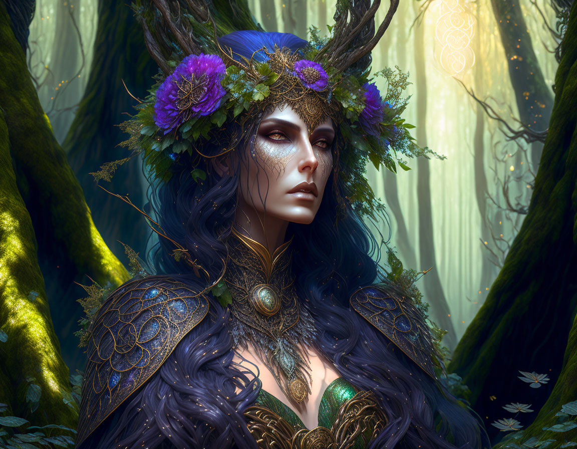 Dark-haired mystical female with floral headdress in ethereal forest.