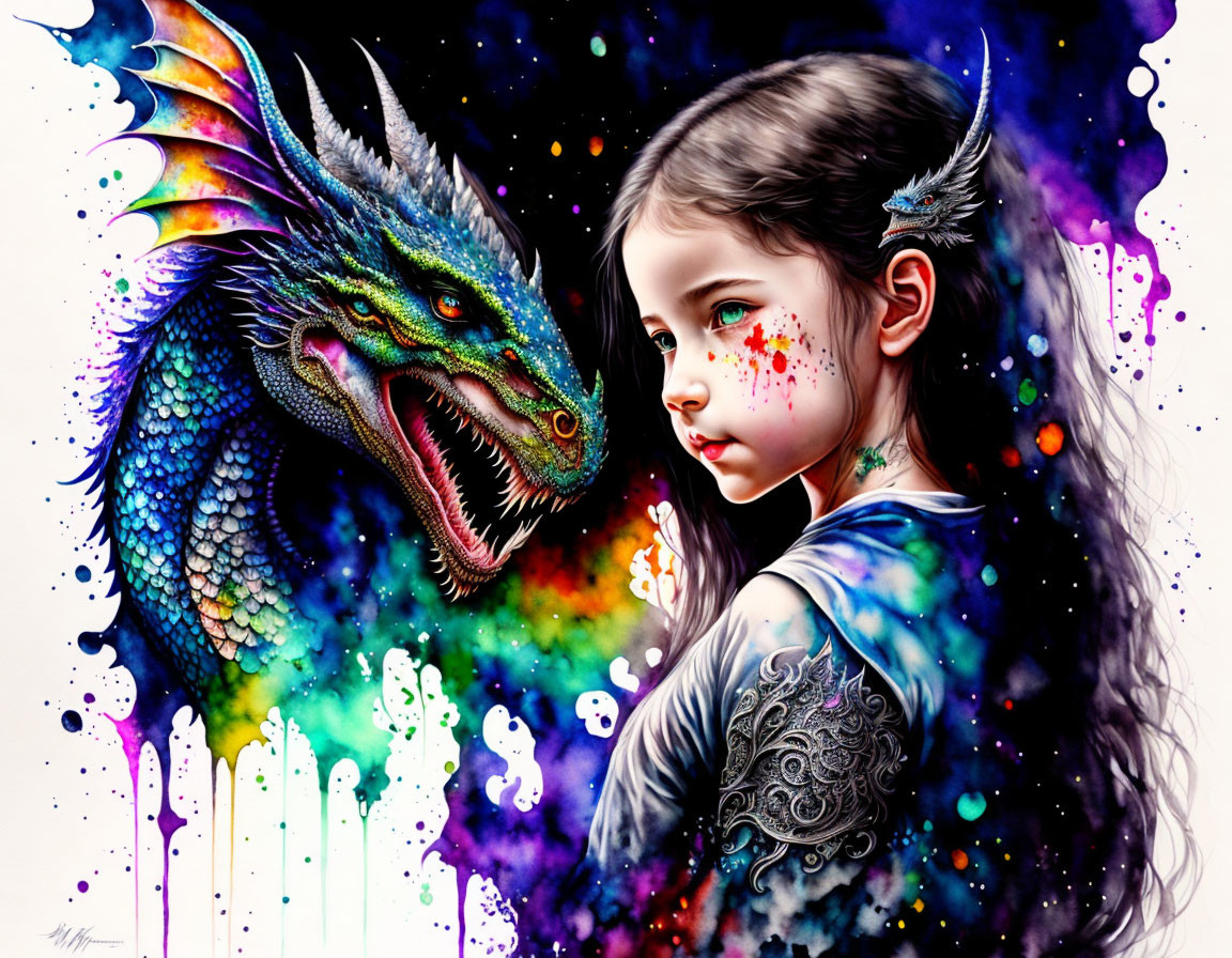 Colorful artwork: young girl with dragon in blue and green tones surrounded by butterflies.