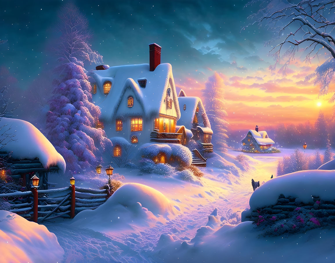 Snow-covered cottage with glowing windows, smoking chimney, snowy trees, sleigh, twilight sky.