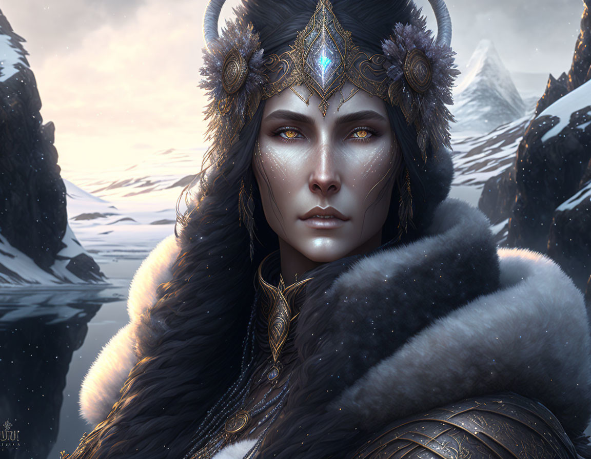 Digital Artwork: Woman in Ornate Headgear & Fur Attire in Snowy Mountain Scene