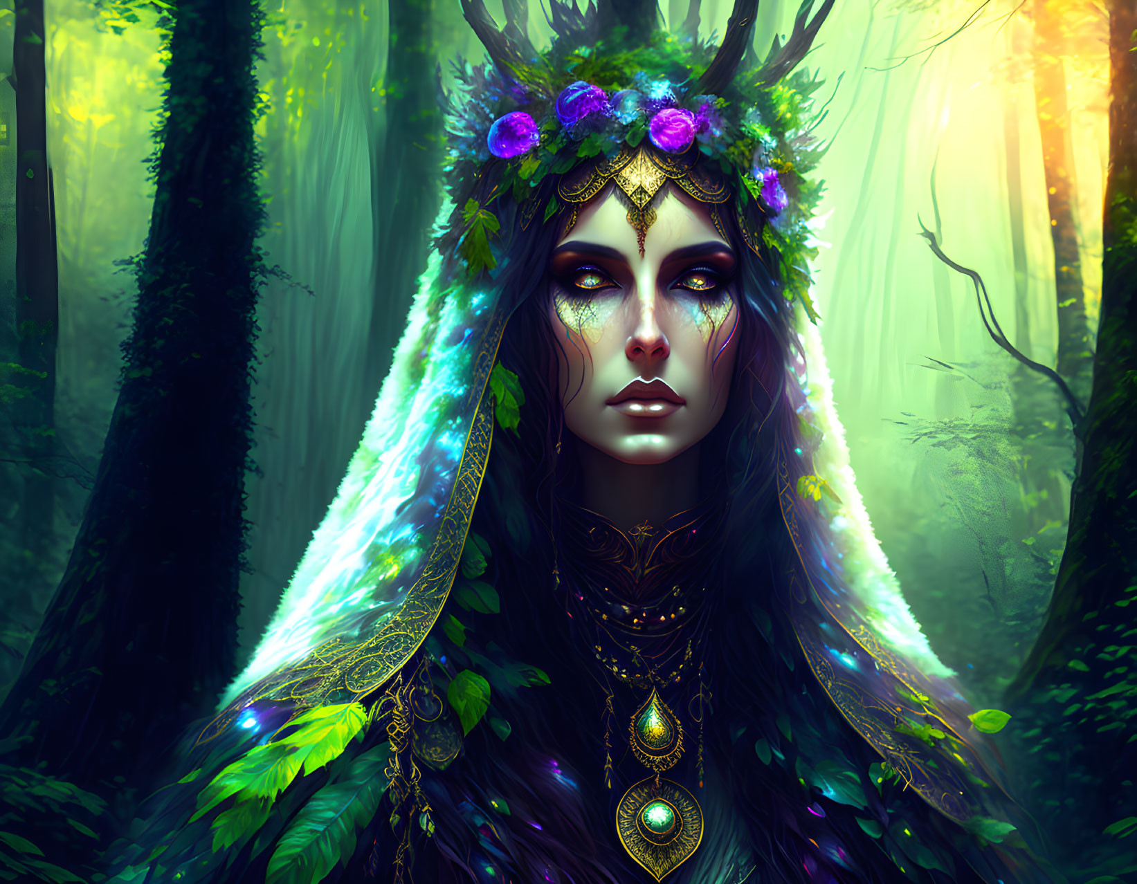 Fantasy art: Woman with glowing eyes and purple flower headdress in enchanted forest.