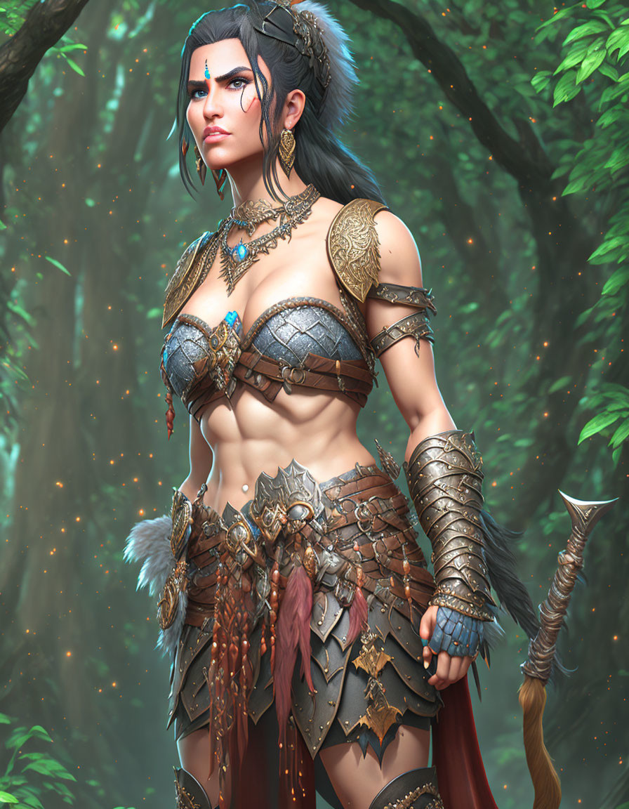 Digital Artwork: Female Warrior with Blue Face Markings and Bow in Forest