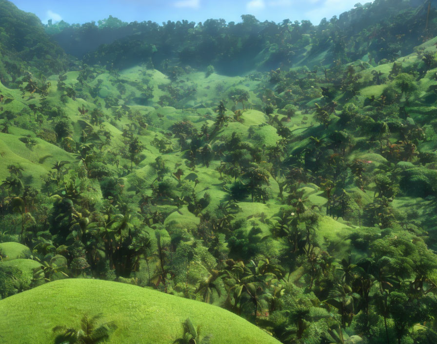 Tropical jungle landscape with lush green hills and hazy blue sky