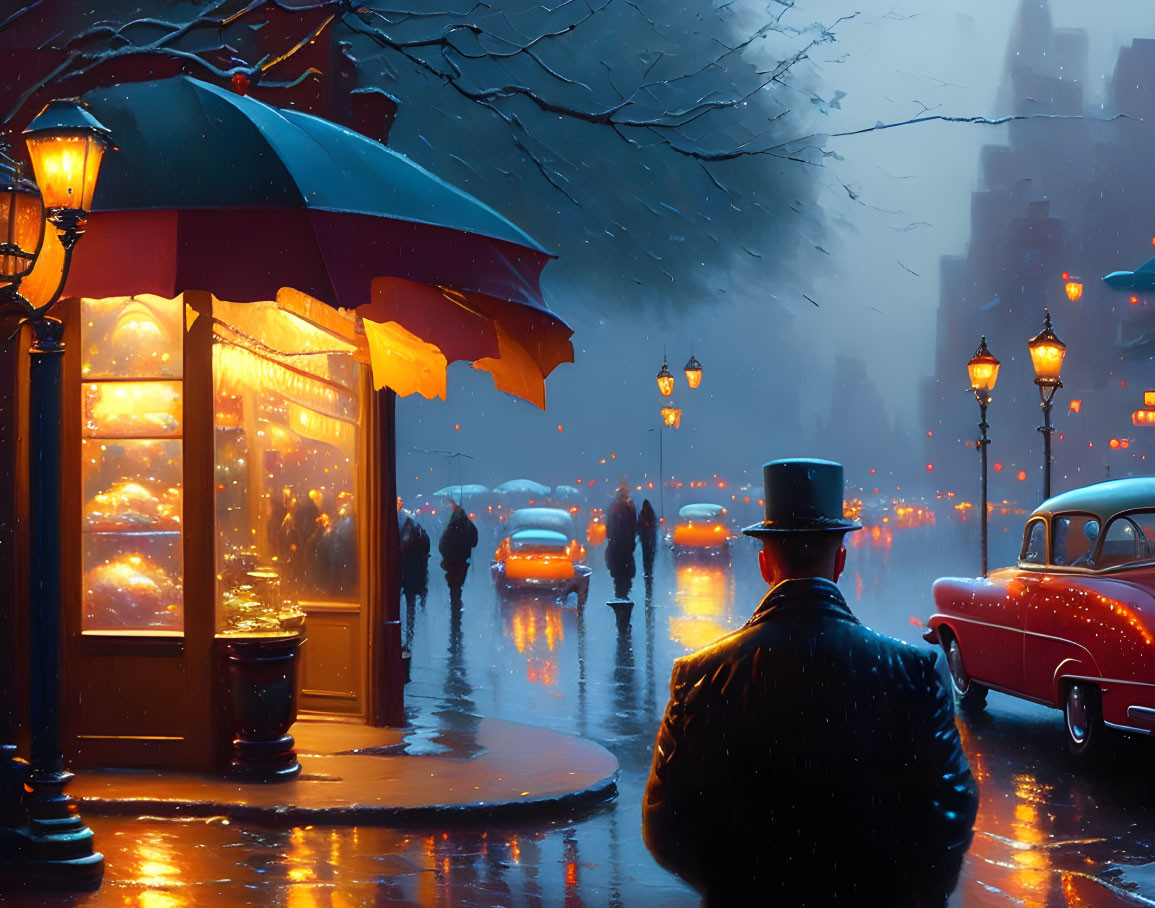 City scene with person holding umbrella on rainy evening