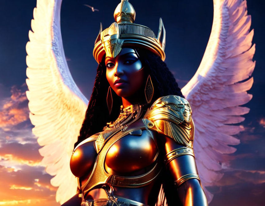 Winged woman in golden armor and helmet under dramatic sky