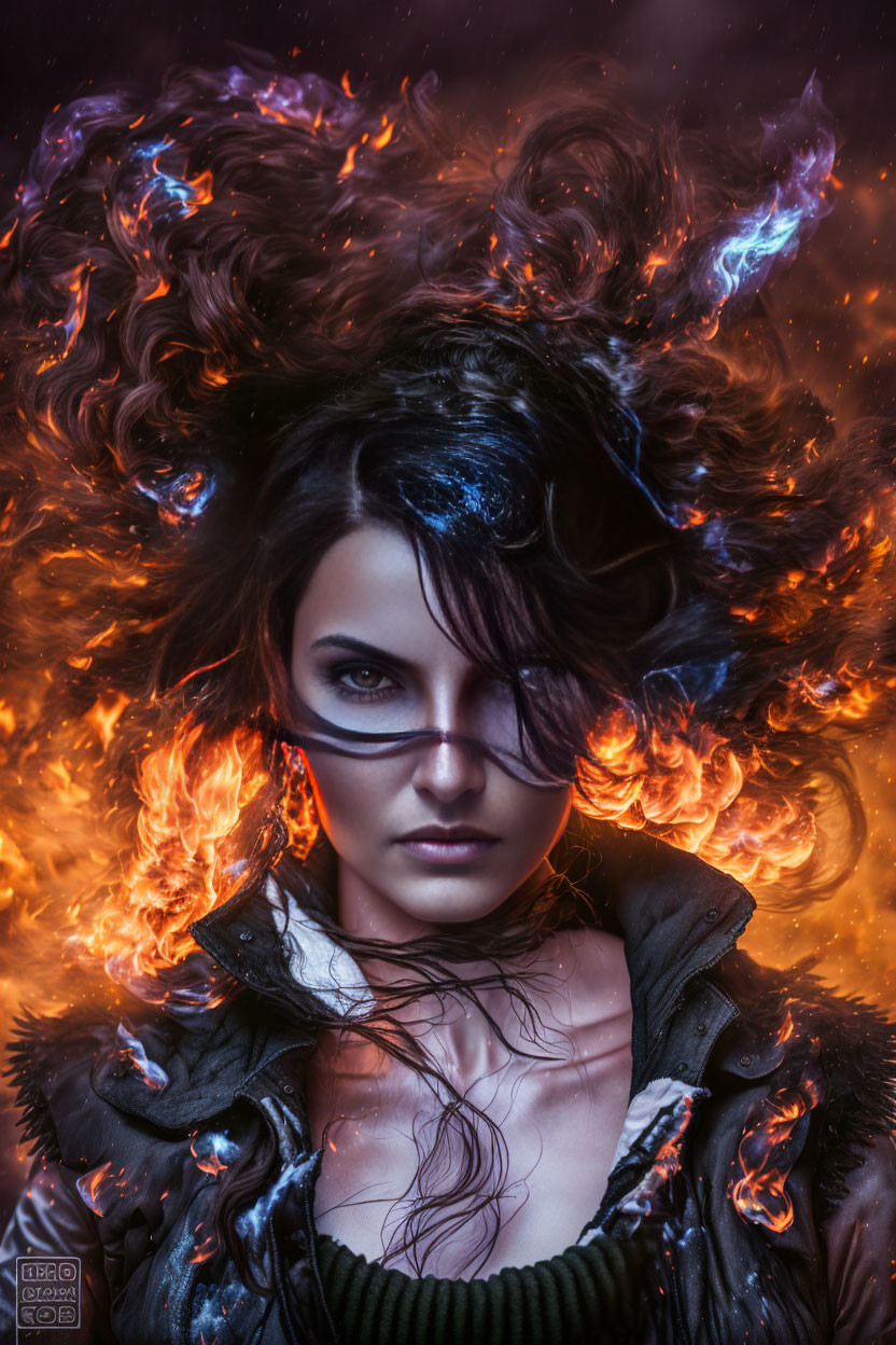 Dark-haired woman engulfed in vivid flames and mystical aura.