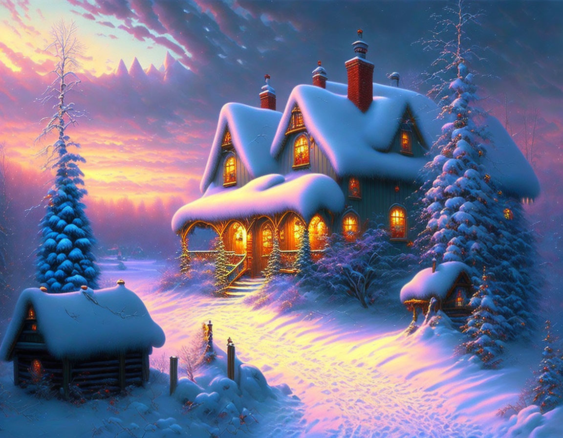 Snow-covered cottage in twilight winter landscape with glowing windows