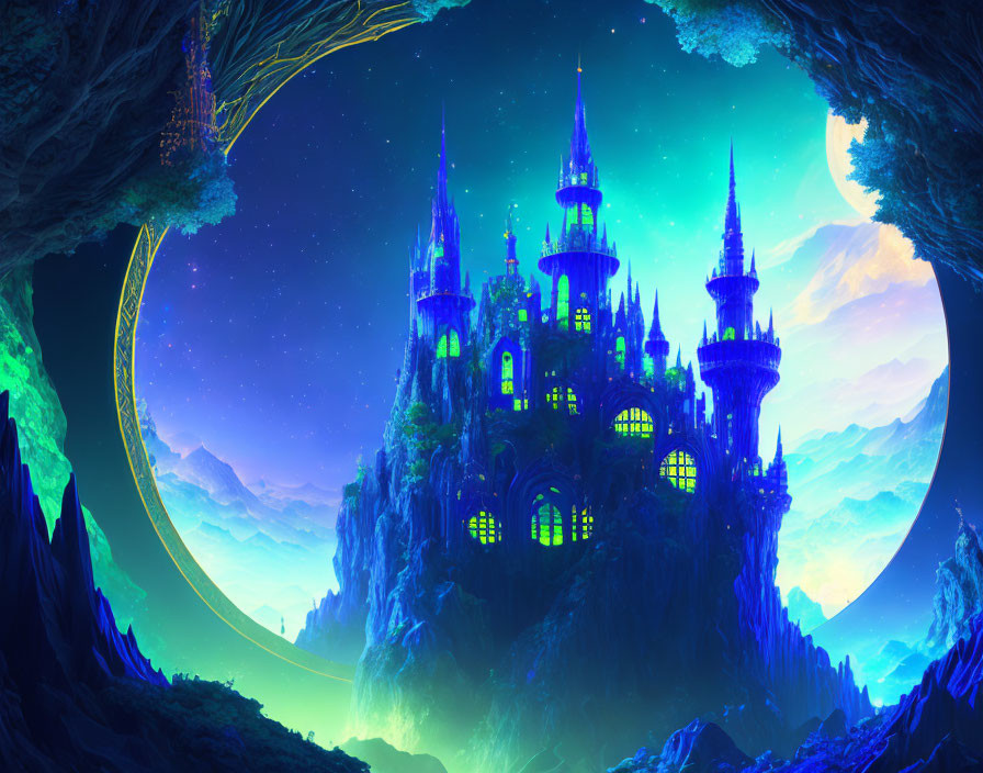 Fantastical neon-lit castle in a starry sky with crescent moon