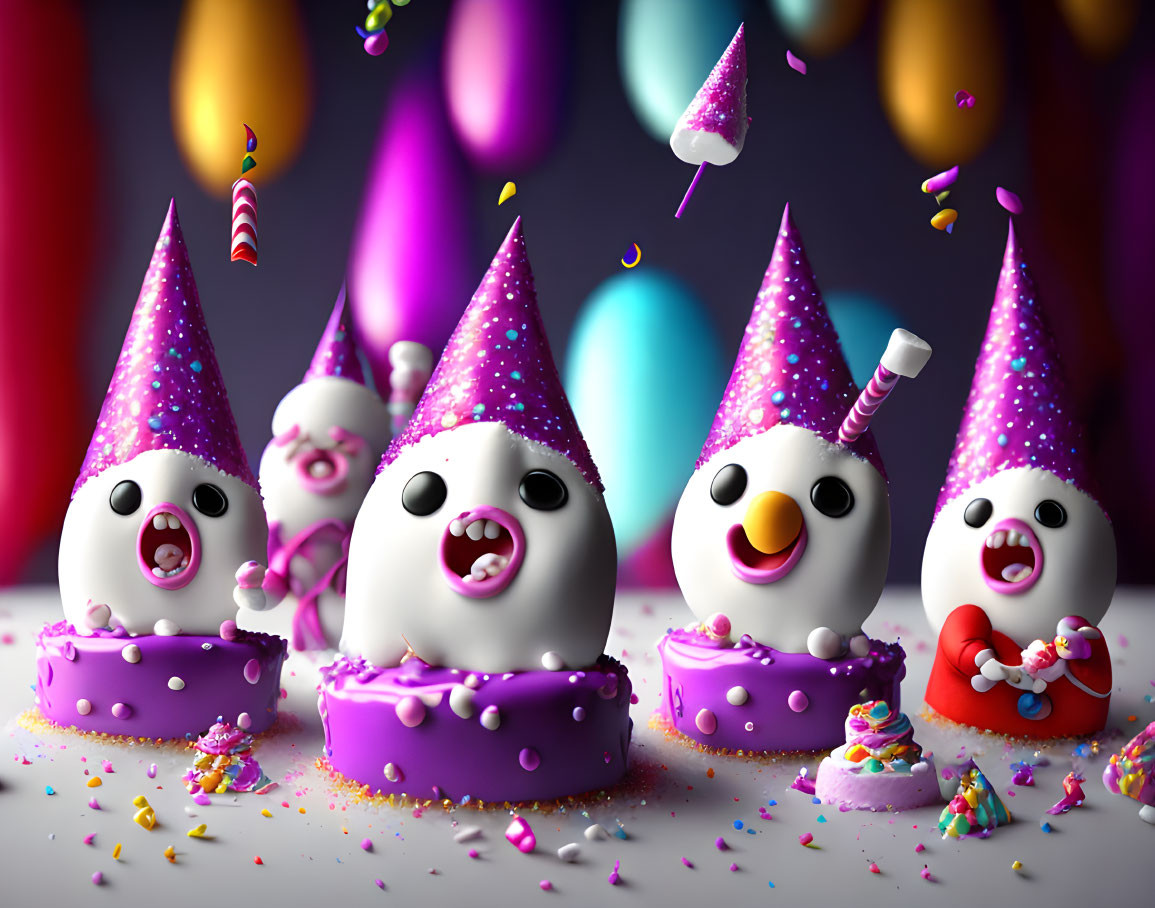 Colorful Animated Characters Celebrating with Party Hats and Balloons