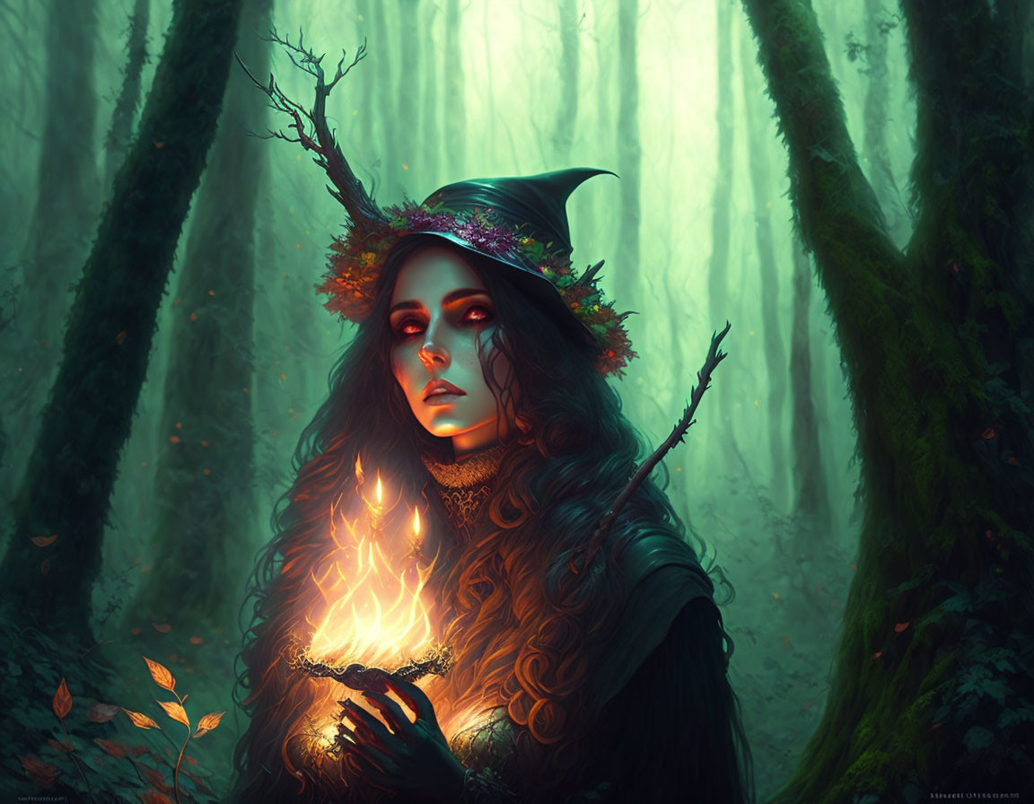 Mystical woman in green witch's hat with flame in enchanted forest