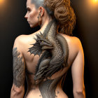 Silver-haired woman with tattoos and dragon on shoulder depicted from behind