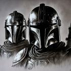 Monochromatic artwork of two Mandalorian-style helmets with cape and weapon.