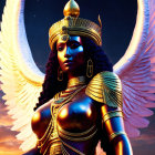 Winged woman in golden armor and helmet under dramatic sky