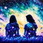 Starry night sky with nebula colors over two people in a field