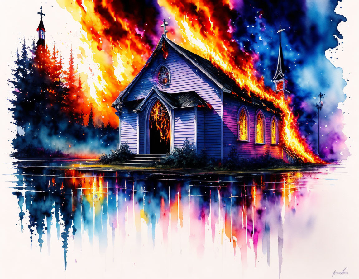 Artwork of burning church with water reflection at night