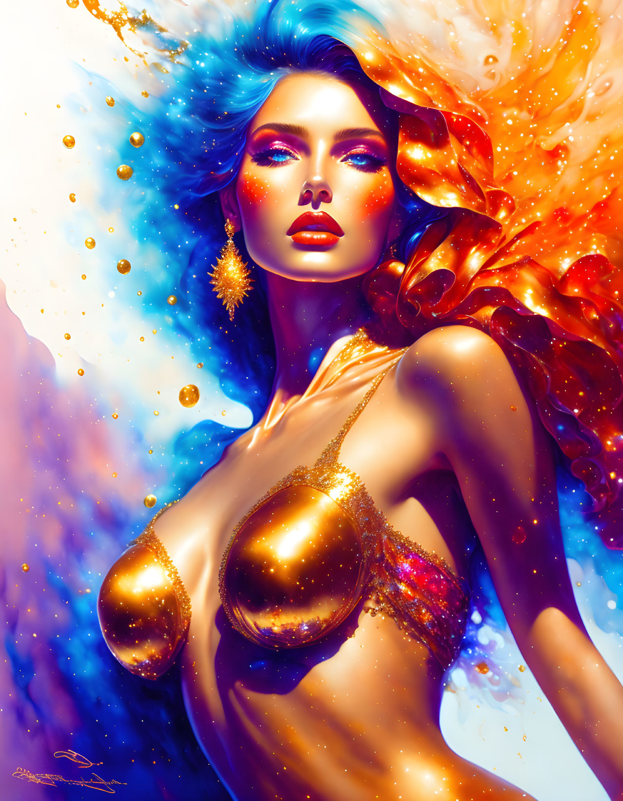 Colorful artwork featuring woman with blue and orange hair and glitter makeup