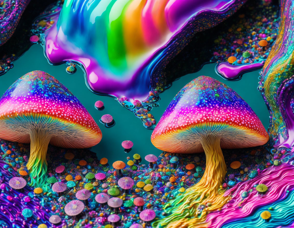 Colorful psychedelic mushrooms on reflective turquoise surface