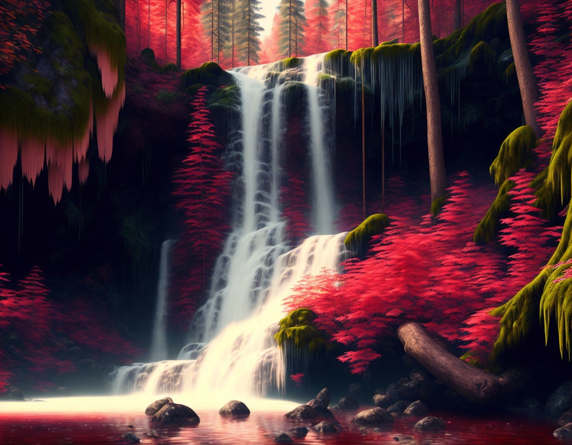 Mystical red-leafed forest with cascading waterfall