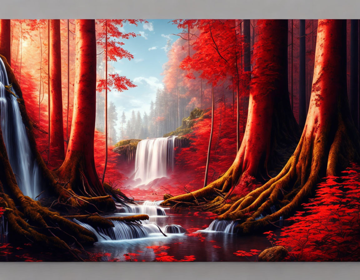 Scenic red autumn forest with waterfall, river, and majestic trees