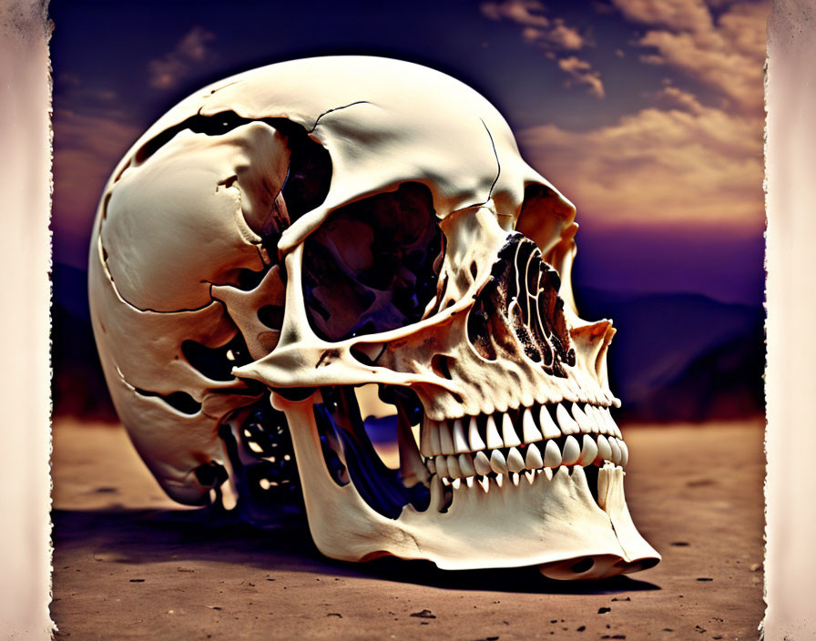 Distorted human skull on desolate landscape with orange and purple sky