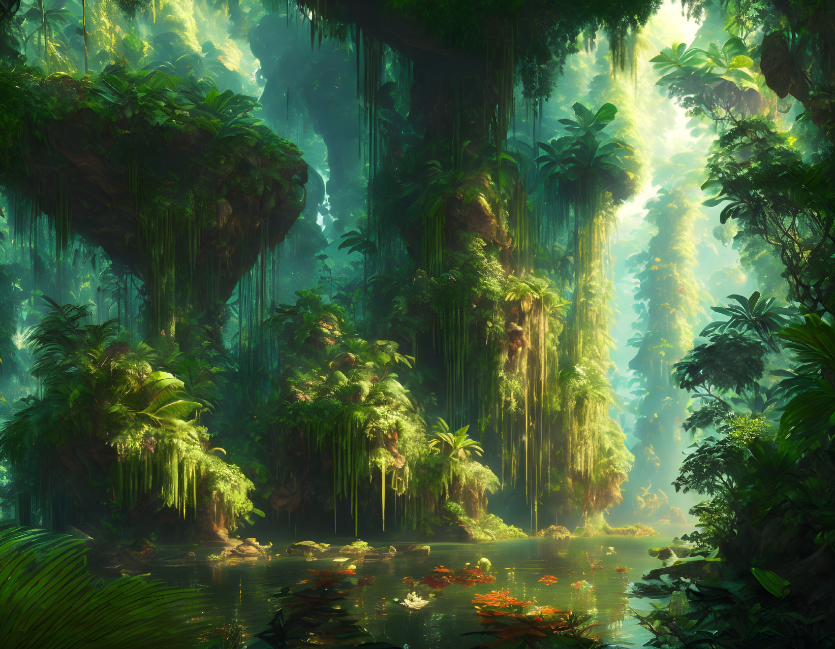 Misty jungle with lush greenery, towering trees, and serene water body