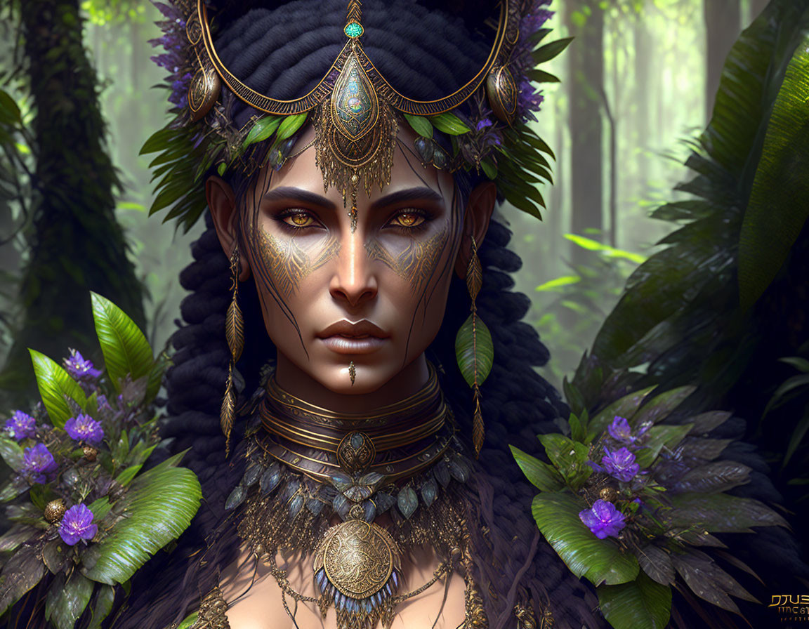 Digital art portrait of woman with tribal makeup, ornate jewelry, feathers, and forest backdrop.