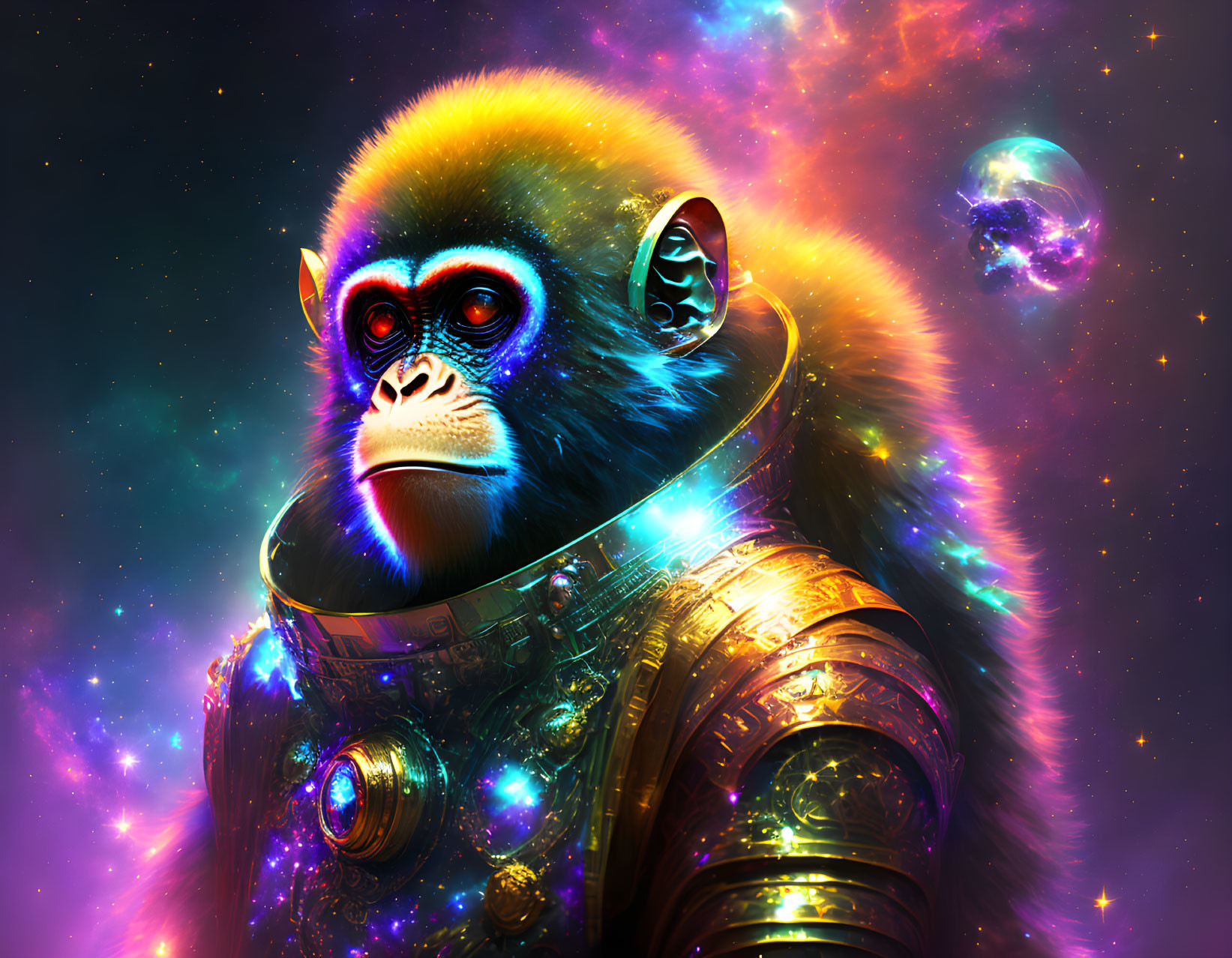 Colorful Monkey in Futuristic Spacesuit on Cosmic Background