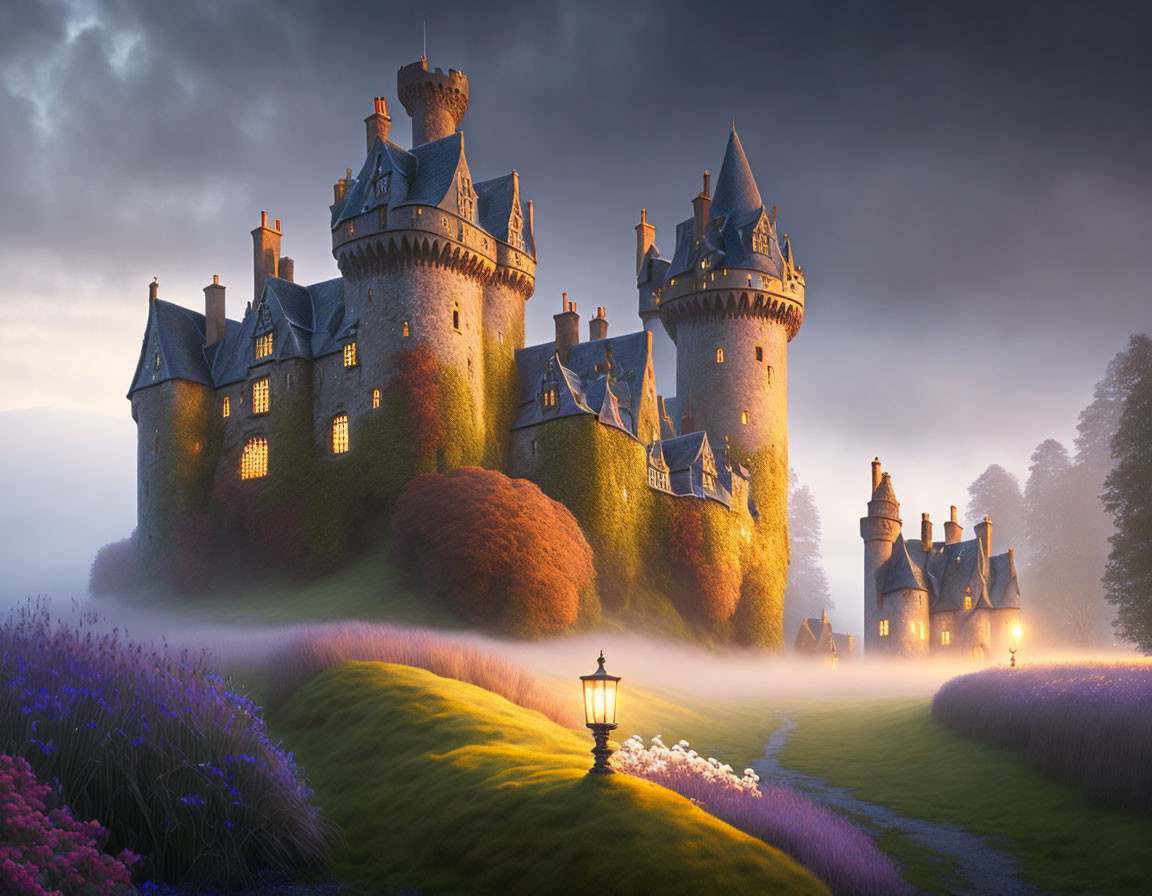 Enchanted castle in twilight landscape with illuminated windows