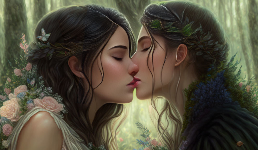 Romantic kiss between two women in floral forest