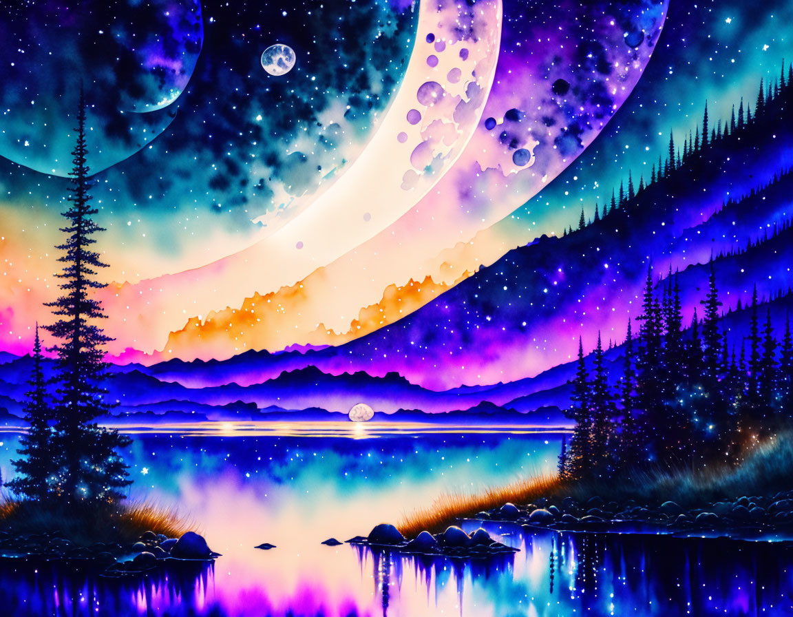 Surreal digital artwork of vibrant landscape with moons, starry sky, lake, and pine trees