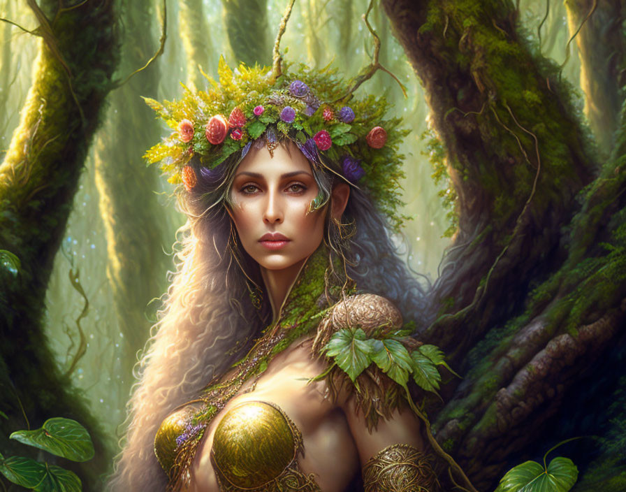 Mystical woman with long wavy hair in enchanted forest