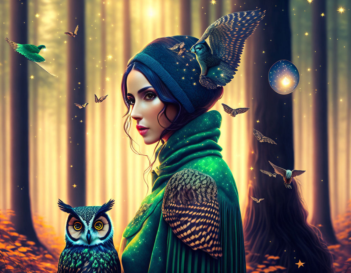 Mystical woman with owl in forest surrounded by birds, stars, and glowing orb