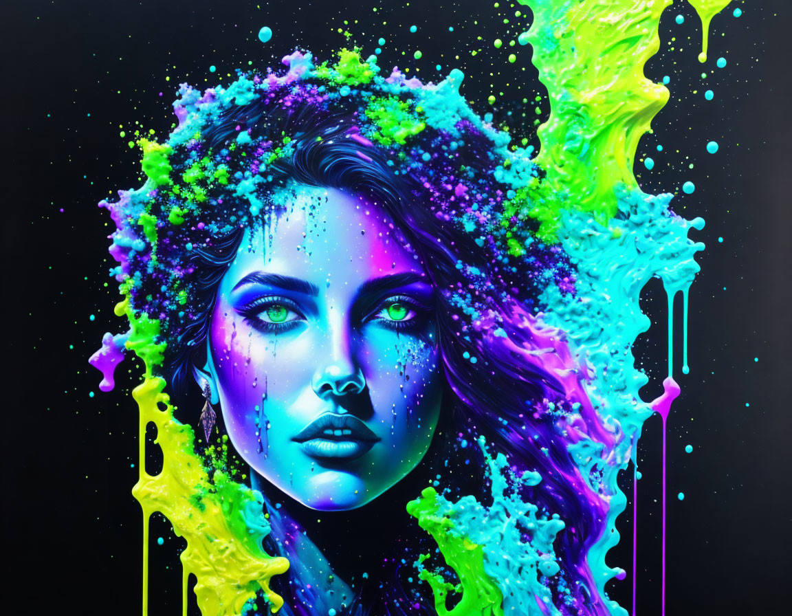 Colorful Neon Paint Splashes on Woman's Face Artwork