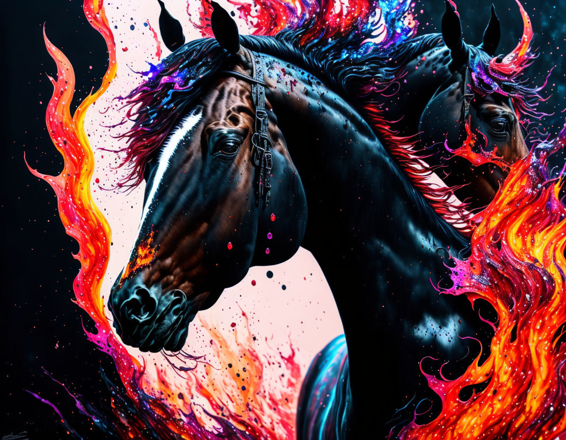 Vibrant flaming horses against dark backdrop