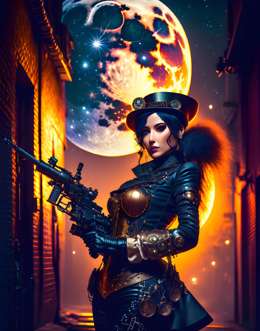 Steampunk woman with rifle in alley under night sky