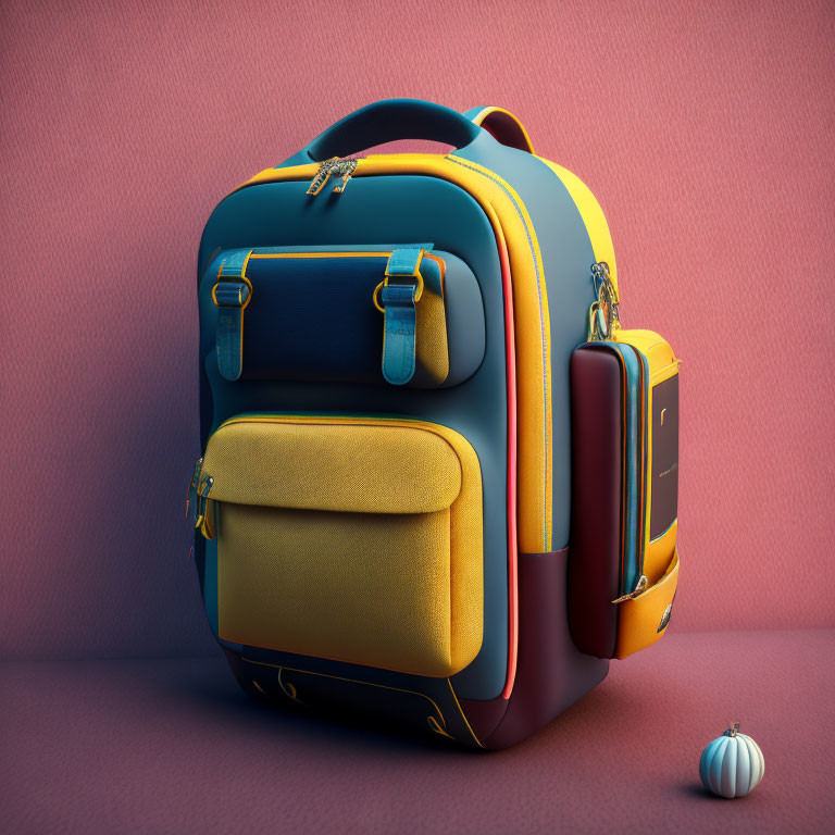 Vibrant 3D-rendered backpack with blue, yellow, and maroon segments on pink