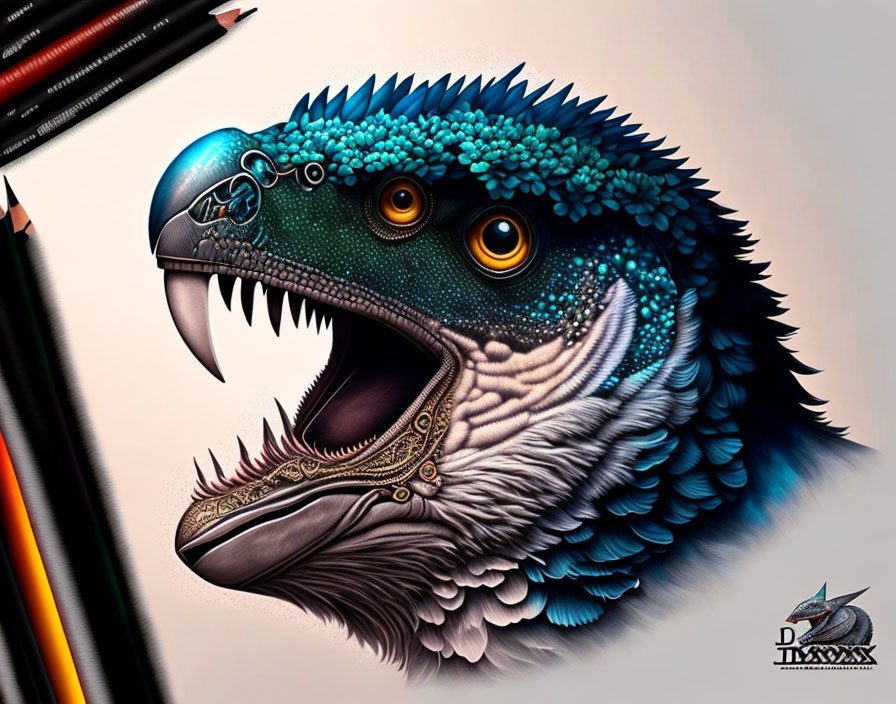 Colorful bird-reptile hybrid illustration with blue feathers and sharp beak