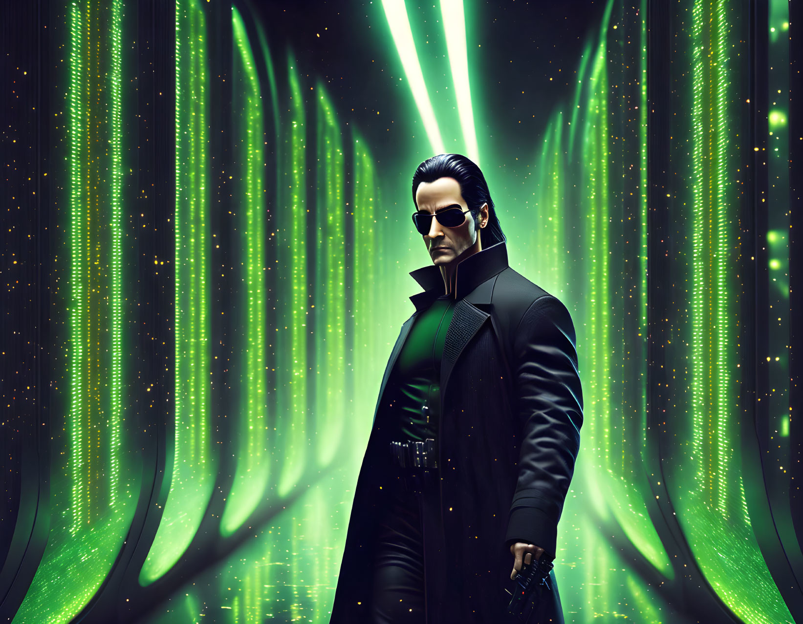 Man in sunglasses and long coat against digital green backdrop with falling code