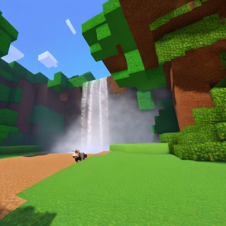 Minecraft landscape with cow near waterfall and green trees