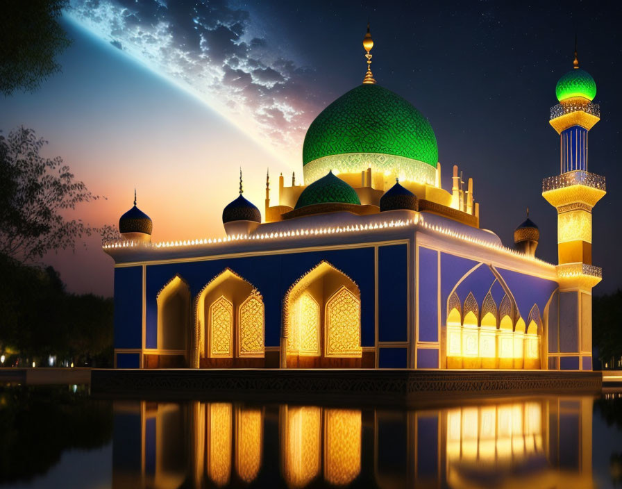 Mosque with Green Dome and Minarets at Twilight Sky with Shooting Star