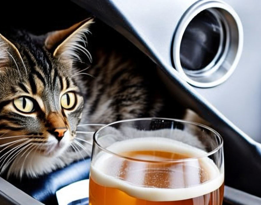 Tabby Cat with Yellow Eyes Beside Frothy Beer Glass