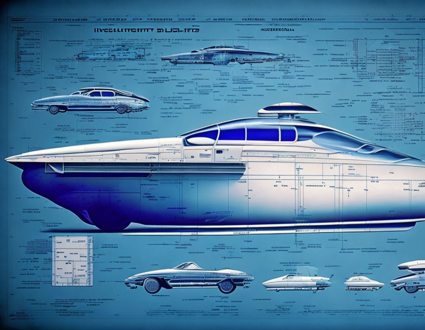 Detailed Blueprint of Futuristic Submarine-Like Vehicle with Design Schematics and Side Views