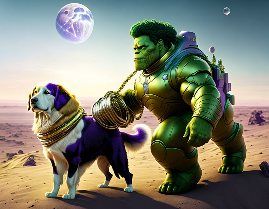 Hulk in Armor Walking Dog on Alien Desert with Two Moons