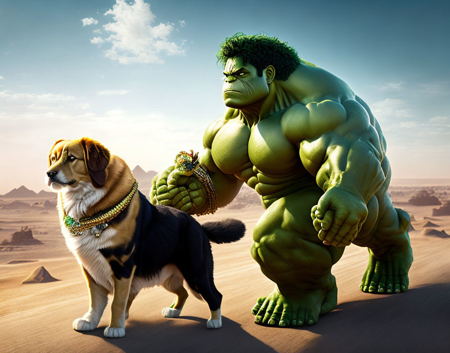 Hulk and dog with jewelry in desert setting