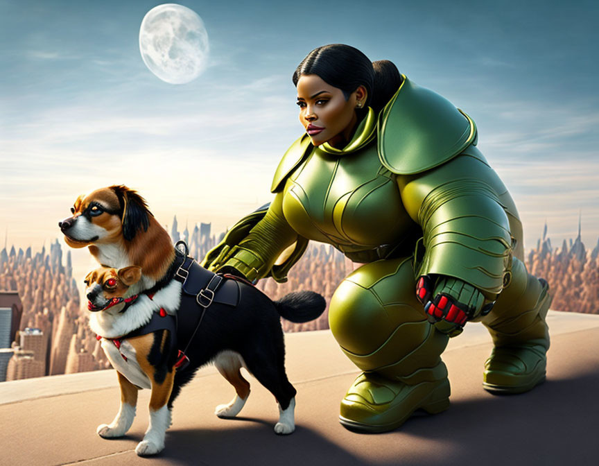 Armored woman and dog on building overlooking futuristic city skyline