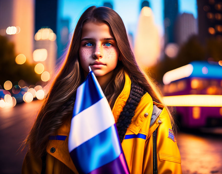 Young girl with long hair holding a flag in yellow jacket at dusk.